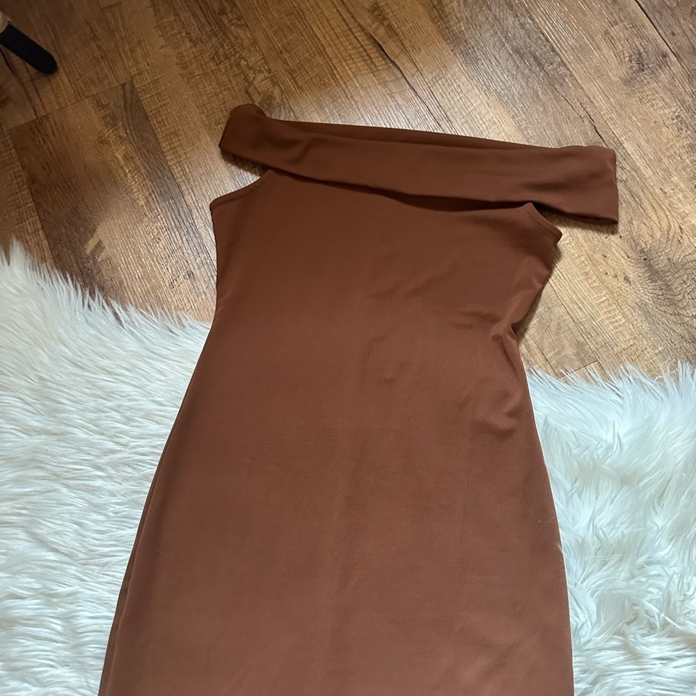 ZARA Asymmetrical Neck Midi Dress In Brown - Picture 3 of 4